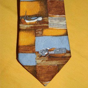 Ermenegildo Zegna:MENS LUXURY 100% Silk Neck Tie Brown & Gold Ship Theme Italy